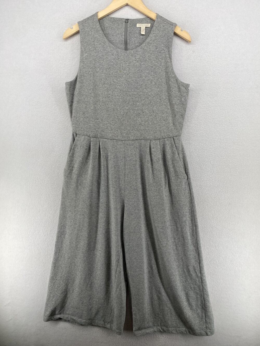 EILEEN FISHER Jumpsuit PM Cotton Speckled Wide Leg Knit Pleated Pant Scoop Gray